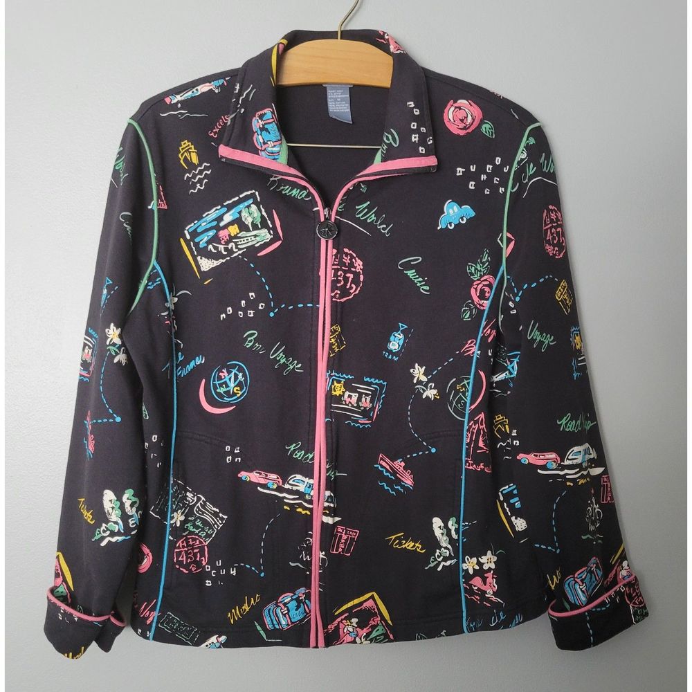 Koret Women's Vintage Black Novelty Travel Print Full Zip Jacket Pockets Size M